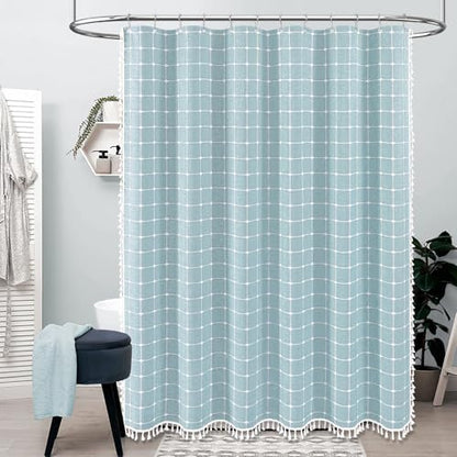 BTTN Extra Long Boho Farmhouse Linen Shower Curtain Set, 72x96, Fog Blue