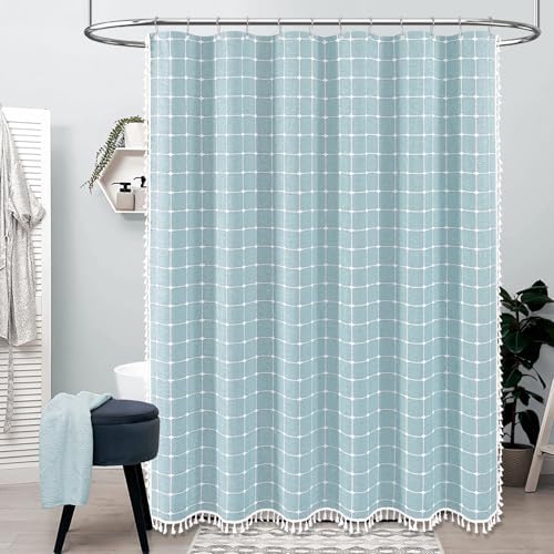 BTTN Long Boho Farmhouse Linen Heavy Duty Shower Curtain, 72x84, Fog Blue