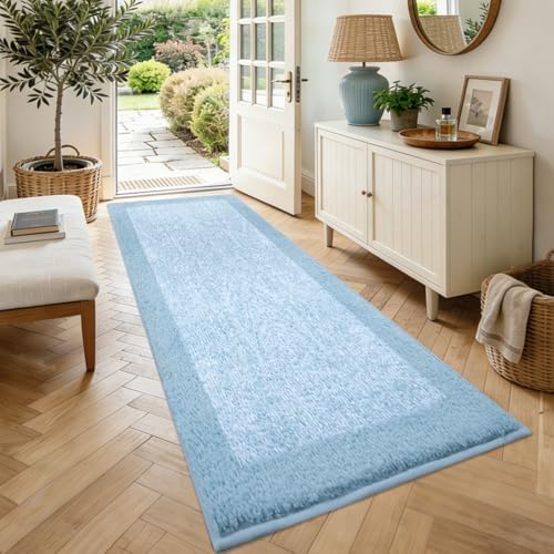 80x24 Bathroom Rugs Non Slip Washable, Soft Absorbent Bath Mat Light Blue