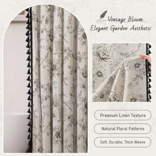 Farmhouse Floral Vintage Shower Curtain for Bathroom, Black and Tassels