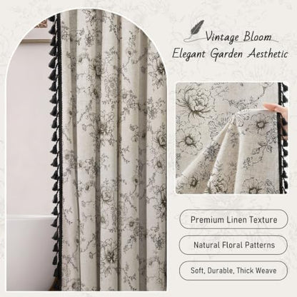 Farmhouse Floral Vintage Shower Curtain for Bathroom, Black and Tassels