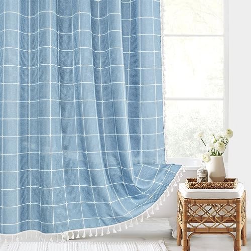 Gibelle Blue Boho Farmhouse Shower Curtain with Tassels, Rustic Cottagecore Aesthetic Bohemian Chic Modern Bathroom Decor Thick Waffle Textured Fabric Shower Curtain Set with Hooks, 72x72