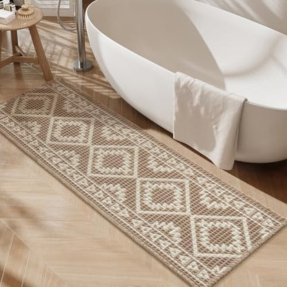 PADOOR-Waffle Bathroom Runner 24"x72", Super Absorbent Bath Mats for Bathroom, Machine Washable Non Slip Bath Rug with Tassels, Soft Bath Mat for Laundry Room, Bedroom, Brown & Cream, 2'x 6'
