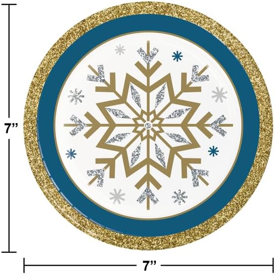 Whimsical Winter Party Supply Pack | Bundle Includes Paper Dinner Plates, Dessert Plates & Napkins for 8 People | Winter Blue Silver and Gold Snowflakes