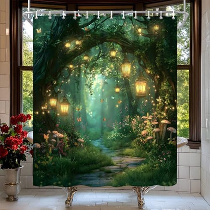 Fantasy Forest Path Shower Curtain Fairy Magical Enchanted Misty Jungle Mushroom Floral Tree Butterfly Lantern Wonderland Bath Curtain Fabric Bathroom Accessories Decor with Hooks 70W x80L