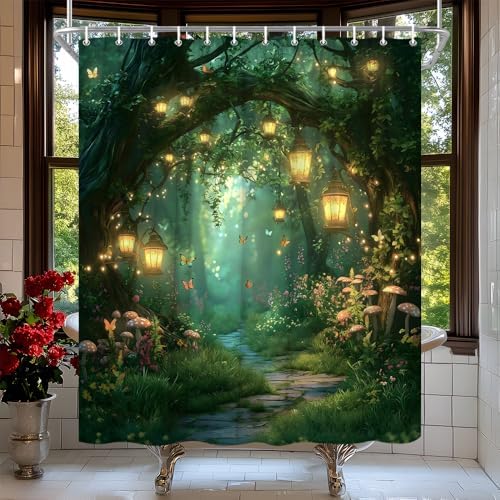 Fantasy Forest Path Shower Curtain Fairy Magical Enchanted Misty Jungle Mushroom Floral Tree Butterfly Lantern Wonderland Bath Curtain Fabric Bathroom Accessories Decor with Hooks 90W x70L