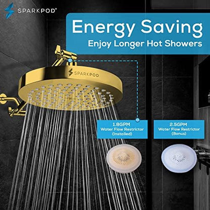 SparkPod Rain Shower Head, 8 Inch Round, Egyptian Gold Finish