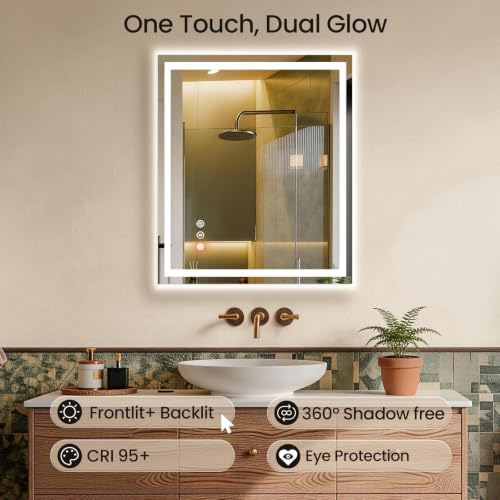 30"x36" LED Bathroom Mirror with Anti-Fog, Backlit & Front Lights, Memory