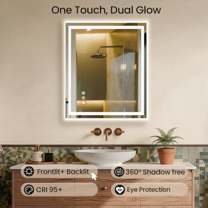 30"x36" LED Bathroom Mirror with Anti-Fog, Backlit & Front Lights, Memory
