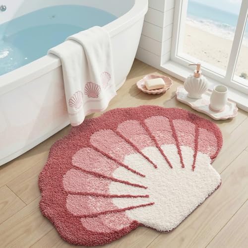 DEXI Cute Seashell Bath Mat, Coastal Scallop Bathroom Rug, 31x24 Pink