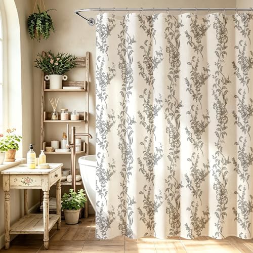 Black Linen Farmhouse Shower Curtain, Boho Floral Bathroom 72x84
