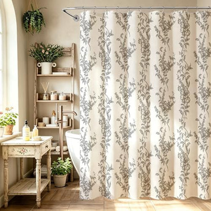Black Linen Farmhouse Shower Curtain, Boho Floral Bathroom 36x72