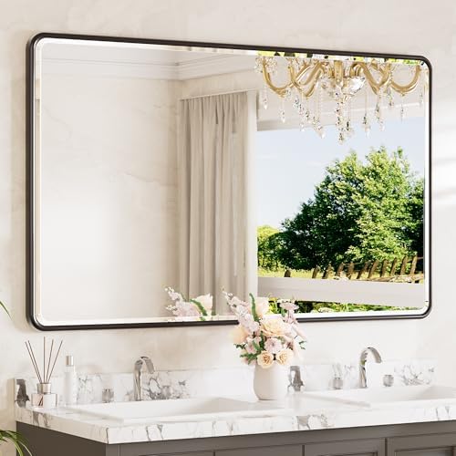 TETOTE Black Framed Bathroom Mirror 60 x 36 Large Beveled Edge Tempered Glass, Rounded Corner Rectangle Bathroom Mirror for Modern Bathroom, Living Room, Bedroom, Entryway