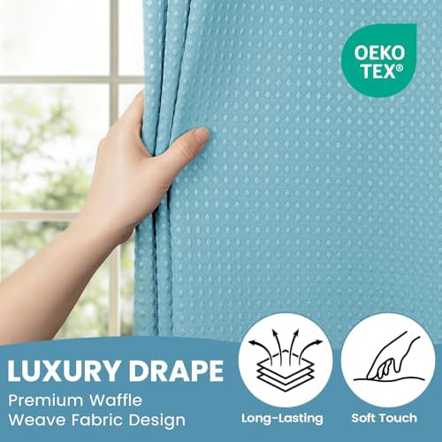 SORTTO No Hook Waffle Shower Curtain with Snap in Liner Set, 71x74, Cyan