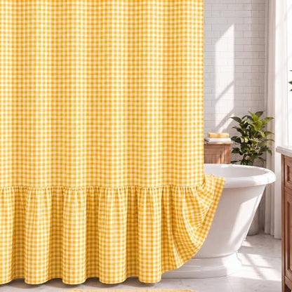 HunnmingRe Ruffle Hem Gingham Shower Curtain Yellow