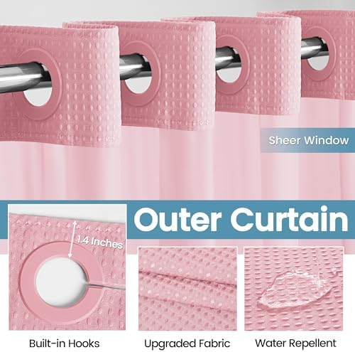 EUTXL Heavyweight Waffle No Hook Shower Curtain with Liner, 71x74, Pink