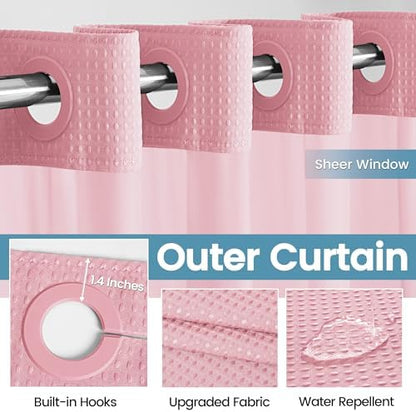 EUTXL Heavyweight Waffle No Hook Shower Curtain with Liner, 71x74, Pink
