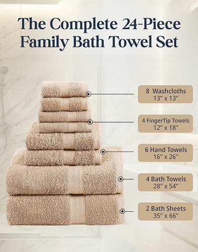 LANE LINEN Towel Set Quick Dry 100% Cotton 24 Piece Soft Absorbent - Beige