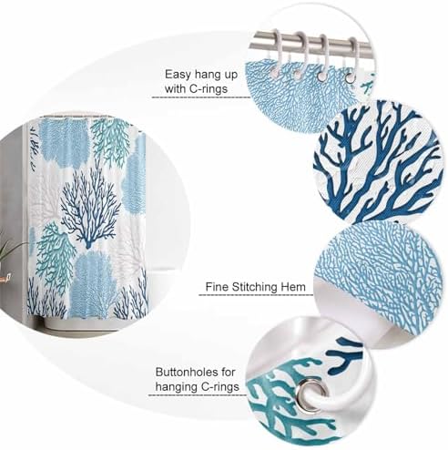 Shower Curtain Bathroom Set Classic Sea Blue Coral Waterproof Shower Curtains with Grommets Hooks Abstract Marine Life Scenery Privacy Bath Curtain for Bathtub Decor 48x72in