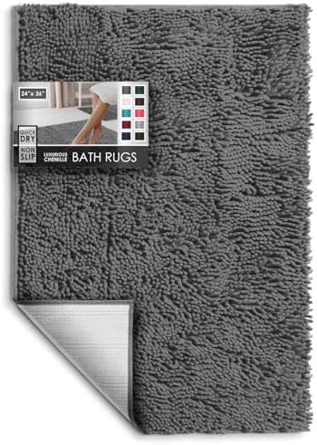 Hearth & Harbor Bathroom Rugs, Chenille Bath Mat - Machine Washable Bath Mats for Bathroom Non-Slip Backing Rubber, Quick Dry Bathroom Mat - Grey 24x36