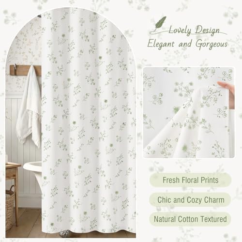 Sage Green Floral Farmhouse French Vintage Cotton Shower Curtain 72Wx72H