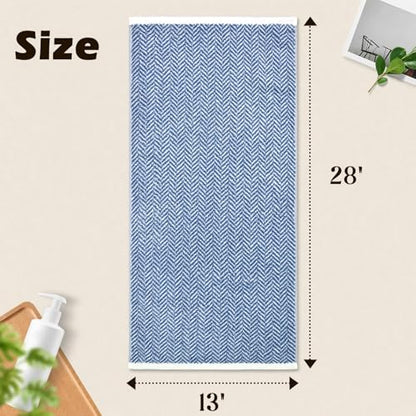 Cleanbear Blue Cotton Hand Towels with Herringbone Pattern, 13 x 28 Inches