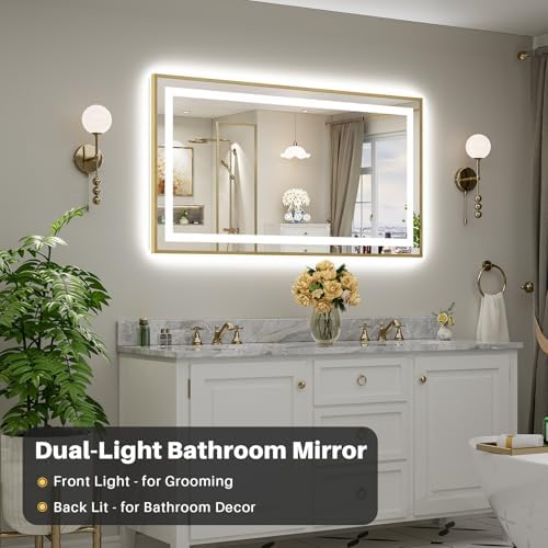 55x30 Inch LED Bathroom Mirror with Gold Frame, Backlit & Front Lit