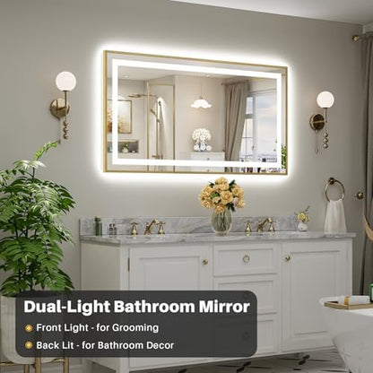 55x30 Inch LED Bathroom Mirror with Gold Frame, Backlit & Front Lit