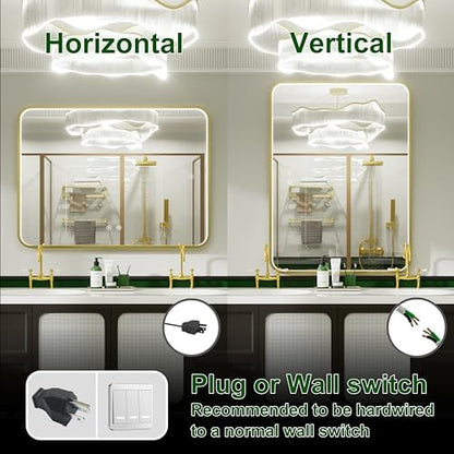 48"x36" Gold LED Bathroom Mirror with 3000K/4500K/6000K Lights