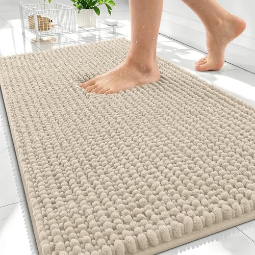 OLANLY Thick Chenille Bathroom Rugs 30x20, Soft Absorbent Bath Mat, Sand