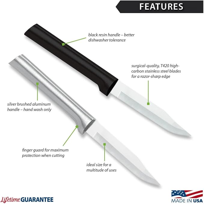 Rada Cutlery Regular Paring Knife (W201), 3.25" Stainless Steel Blade, Black Handle, Pack of 6