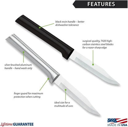 Rada Cutlery Regular Paring Knife (W201), 3.25" Stainless Steel Blade, Black Handle, Pack of 6