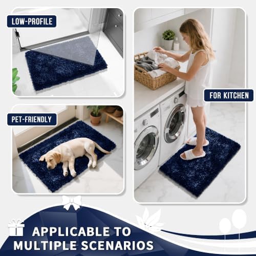 Yimobra Long Bathroom Rugs Runner 55x24 Inch, Extra Thick Soft Absorbent Chenille Bath Mat, Non Slip Machine Washable, Quick Dry Bath Rugs for Bathroom Floor, Tub and Shower, Navy Blue