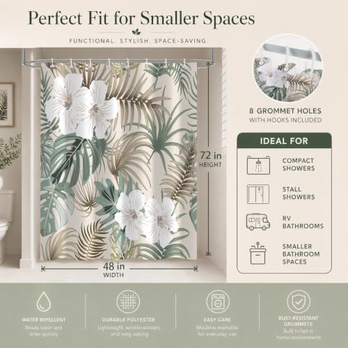 Tropical Shower Curtain for Bathroom, Green Palm Tree Flower Plant Boho Leaf Banana Monstera Sage Beige Shower Curtains Set, Fabric Bathroom Accessories with Hooks 48x72 Inch