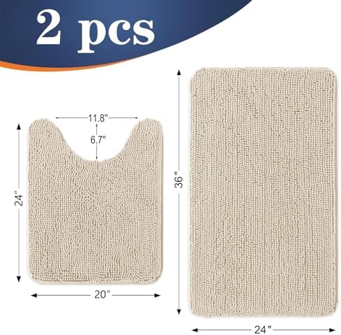 OLANLY Chenille Bathroom Rugs Mats Sets 2 Piece, 36"x24"+24"x20", Sand