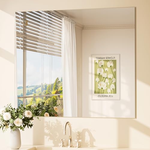 TETOTE Frameless Mirror 42" x 36" Bathroom Vanity Mirror Wall Mounted 4mm Tempered Glass, Suitable for Bedroom, Entryway, Hallway, Gym, Vertically/Horizontally