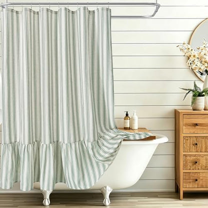ORTIGIA Linen Textured Ruffle Shower Curtain 72x72 Inch with Metal Hooks, Vintage Cream-Green Waterproof Bath Curtain for Rustic Farmhouse Bathroom Decor