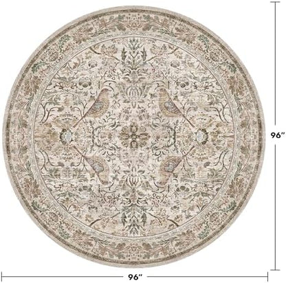 Hazo Haus Large 8ft Area Round Rug for Living Room - Vintage Circular Rug for Kids Bedroom, Dining Room, Home Office, Washable Floral Low Pile Non Slip, Moss Green & Olive Indoor Aesthetic Décor