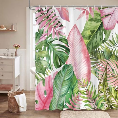 Botanical Shower Curtain Tropical Green Pink Leaves Watercolor Bathroom Curtain with Hooks, Waterproof Fabric 72 x 72 Inch