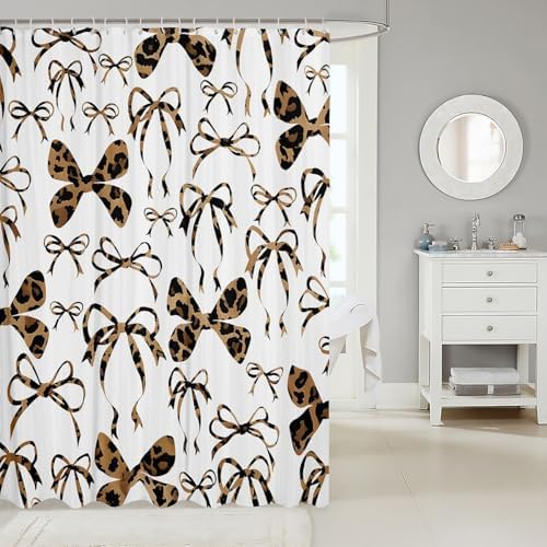 jejeloiu Cute Bowknot Shower Curtain for Bathroom Decor 72"x72" Brown Black Girls Bow Bath Curtain Kawaii Leopard Bathroom Accessories Waterproof Polyester Fabric for Stalls Bathtubs Princess Decor