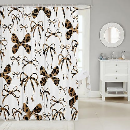 jejeloiu Cute Bowknot Shower Curtain for Bathroom Decor 72"x78" Brown Black Girls Bow Bath Curtain Kawaii Leopard Bathroom Accessories Waterproof Polyester Fabric for Stalls Bathtubs Princess Decor