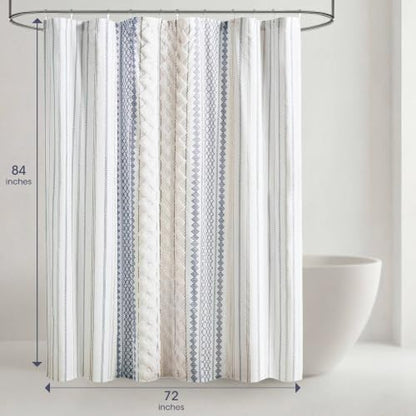 INK+IVY Extra Long Cotton Shower Curtain for Bathroom, White/Navy, 72 x 84