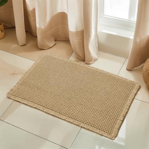 SUBRTEX Waffle Braided Bath Mat, 24" x 36" Soft Waffle Bath Rugs, Absorbent Non Slip Bathrooom Mats, Machine Washable Area Rug for Bathroom, Quick Dry, Khaki
