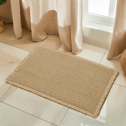 SUBRTEX Waffle Braided Bath Mat, 24" x 36" Soft Waffle Bath Rugs, Absorbent Non Slip Bathrooom Mats, Machine Washable Area Rug for Bathroom, Quick Dry, Khaki