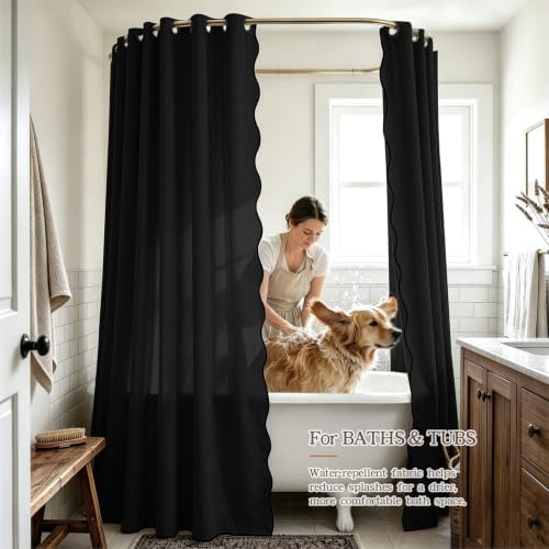 Furlinic No Hook Scalloped Linen Black Shower Curtain 72x78 Waterproof Tall