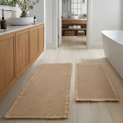 JIUZHEN Set of 2 Waffle Bath Mats Boho Bathroom Runner Rug 20"x32"+24"x48"