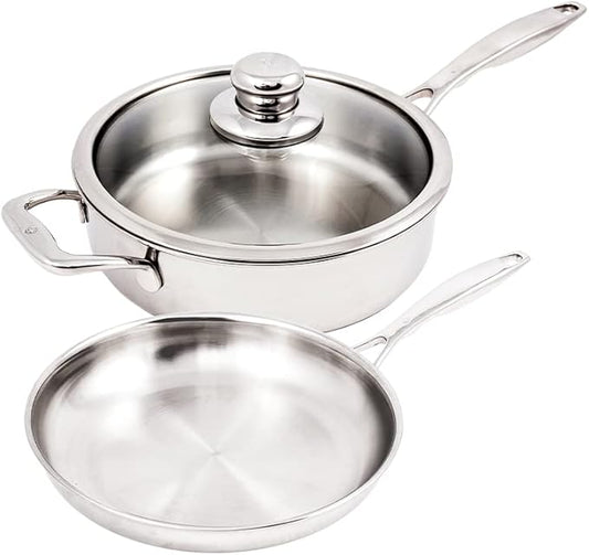 Swiss Diamond Premium Clad 5-Ply Stainless Steel 3 Piece Cookware Set with Satin Exterior Finish, Induction Compatible Stainless Steel Pots and Pans Set - Oven and Dishwasher Safe