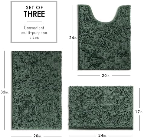 Hearth & Harbor Bathroom Rugs, Chenille Bath Mat - Machine Washable Bath Mats for Bathroom Non-Slip Backing Rubber, Quick Dry Mat - Hunter Green Bath Rug, 17x24-20x32-20x24