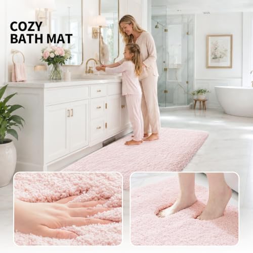 ILANGO Pink Bathroom Rugs 70" × 24" Non Slip & Super Absorbent Extra Thick Soft, Washable Bath Carpet Runner for Floor, Microfiber Plush Shaggy Bath Mats with Rubber for Bedroom Bathtub Shower Room