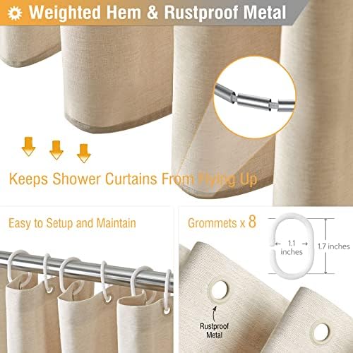 BTTN 48x72 Linen Textured Waterproof Fabric Shower Curtain Set, Beige/Cream